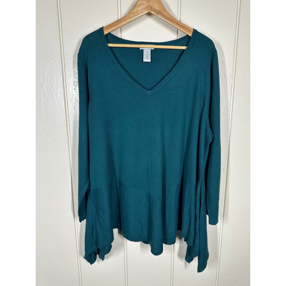 Catherines Sweater Women 2X Teal Green V-Neck Sharkbite Hem Long Sleeve Pullover